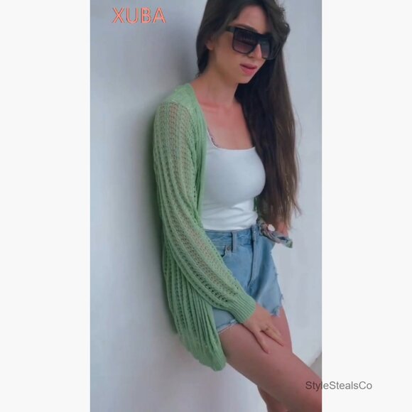 Crochet Open Front Long Sleeve Cardigan Lightweight Summer Cover Up - Picture 4 of 7